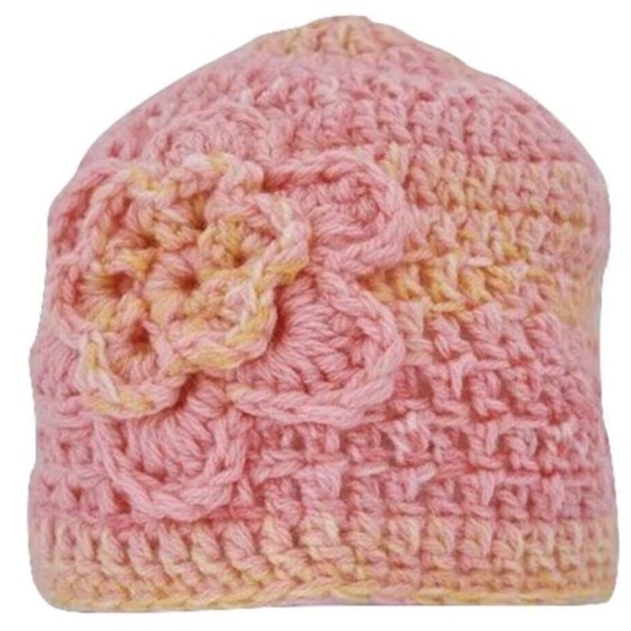 Homemade Hand Crocheted Pink & Yellow Flower Beanie Winter Hat - Picture 2 of 2